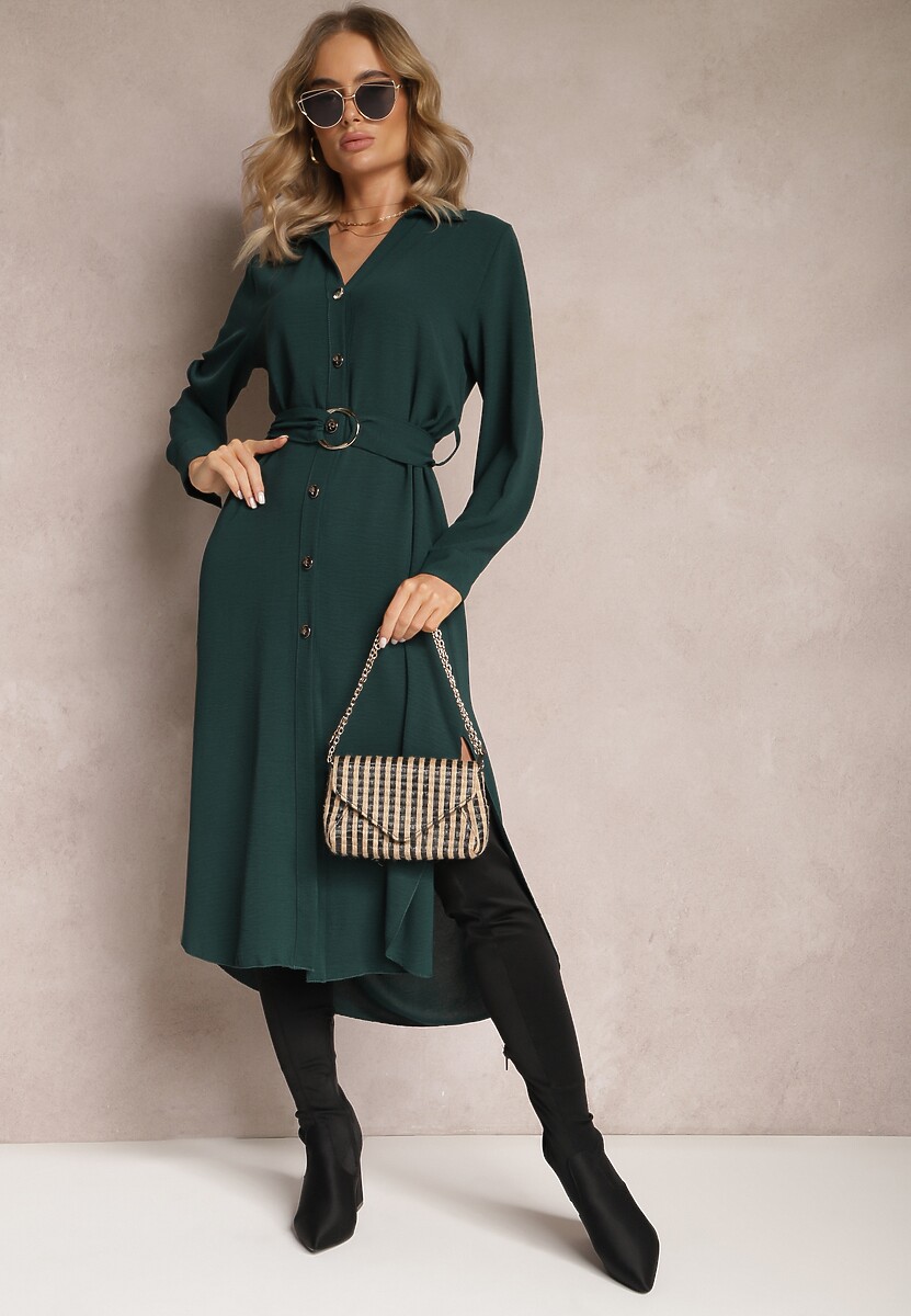 Ciemnozielona Sukienka Koszulowa z Paskiem Vartivar