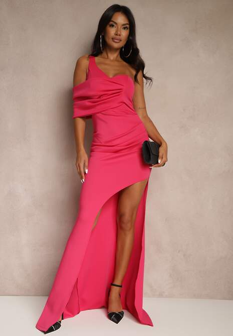 Fuksjowa Asymetryczna Sukienka Koktajlowa z Rozcięciem i Marszczeniem Kremelia