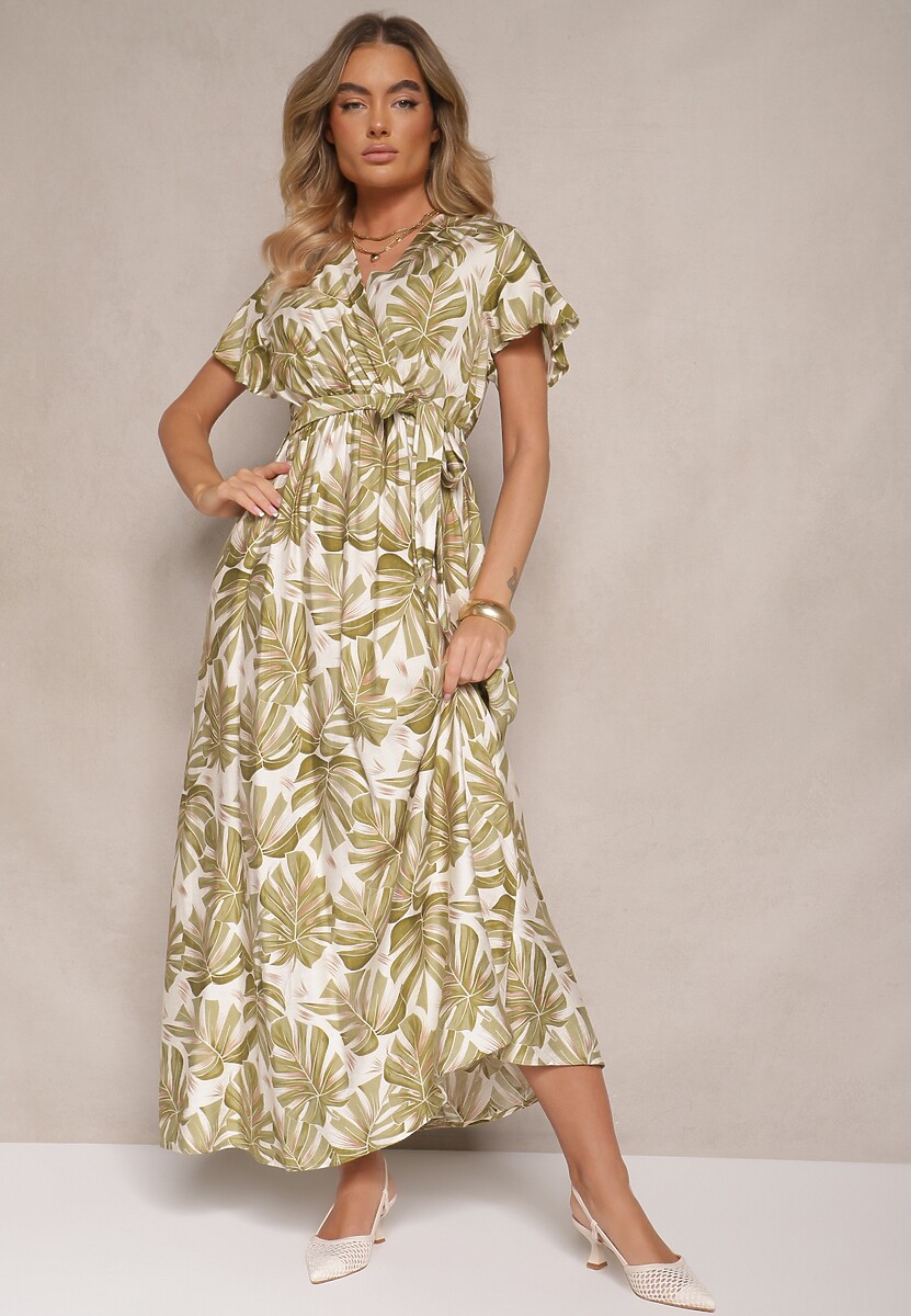 Zielona Sukienka w Listki z Elastyczną Gumką w Talii i Wiązanym Paskiem Jaliren