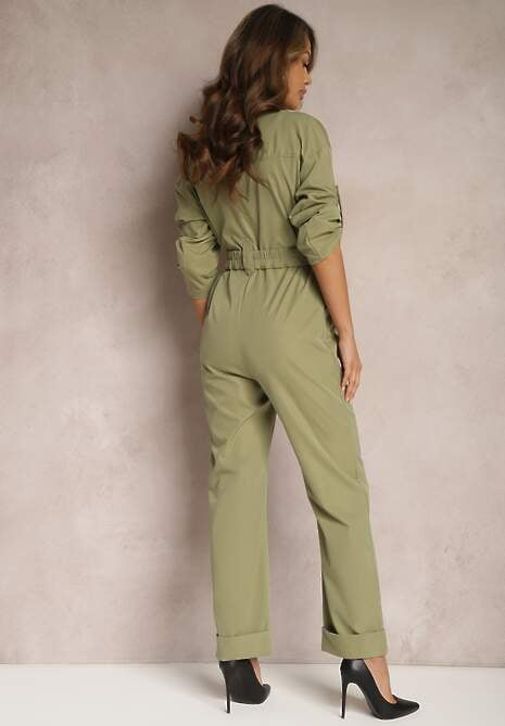 Zielony Kombinezon Utility z Szerokimi Nogawkami i Paskiem Pireval