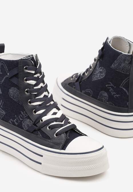 Granatowe Trampki na Platformie z Wysoką Cholewką i Wzorem Serc Aviriss