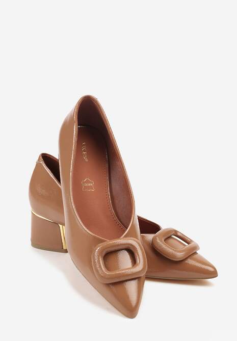 Ciemnobeżowe Czółenka Vices na Słupku z Wkładką ze Skóry Naturalnej i Klamrą Apanelle