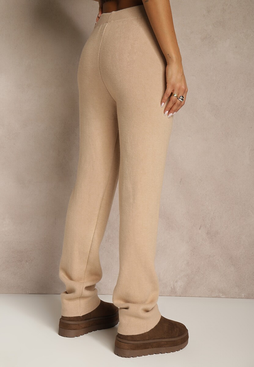 Ciemnobeżowe Spodnie z Wełną ze Sznurkiem i Ozdobnymi Kieszeniami Moneressa