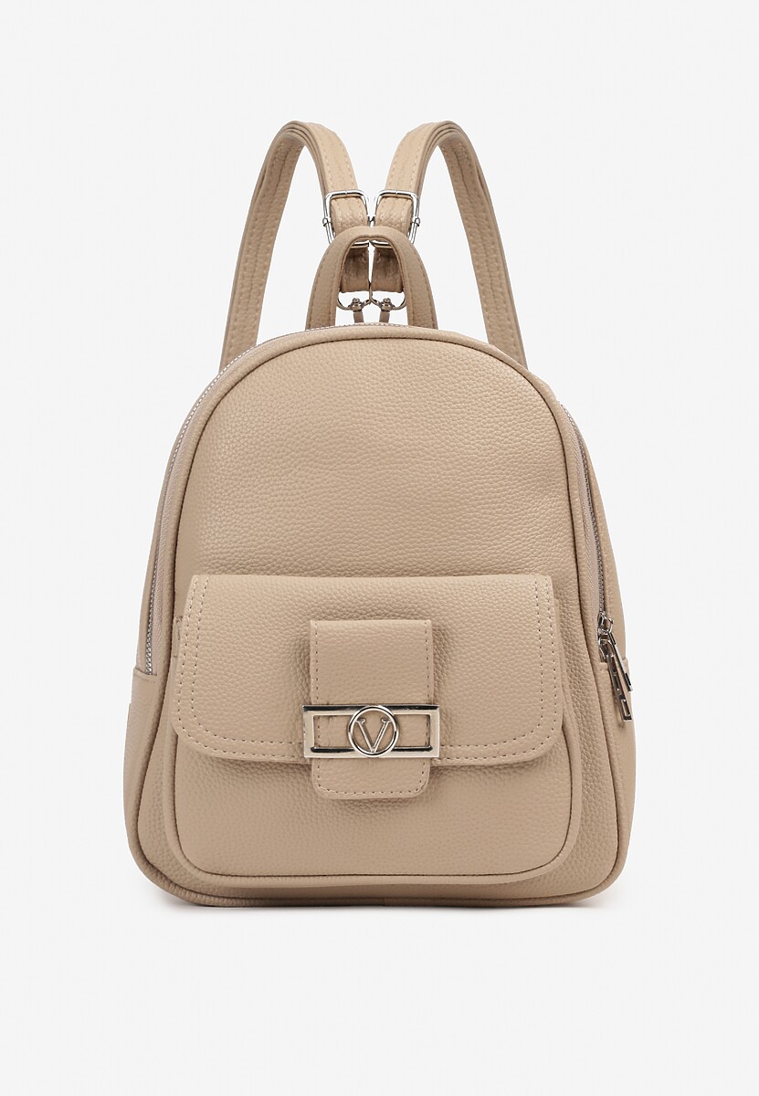 Ciemnobeżowy Mały Plecak z Kieszonką i Metaliczną Ozdobą na Szelkach z Regulacją Ravasindra
