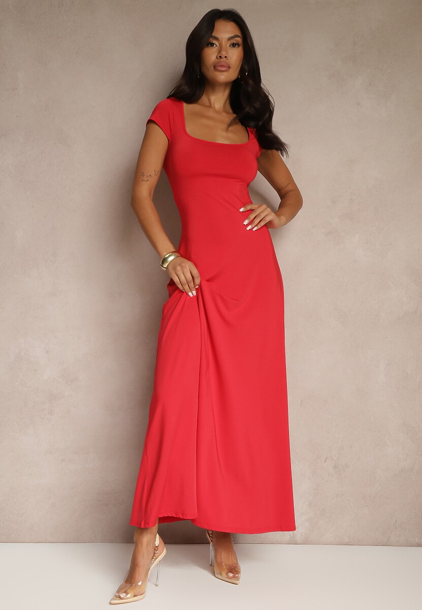 Czerwona Rozkloszowana Sukienka z Wiskozą z Kwadratowym Dekoltem Nalorina
