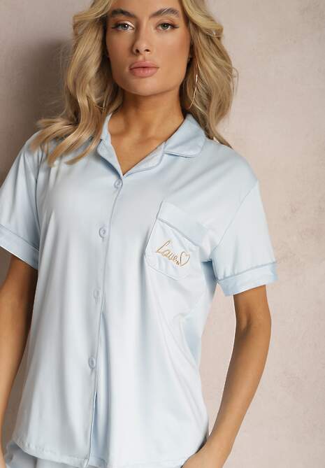 Jasnoniebieski Komplet Piżamowy z Krótką Koszulą z Napisem i Szortami Finetta