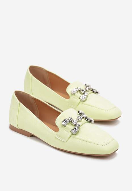 Zielone Mokasyny z Imitacji Zamszu z Ozdobnym Paskiem z Kryształkami Sornia