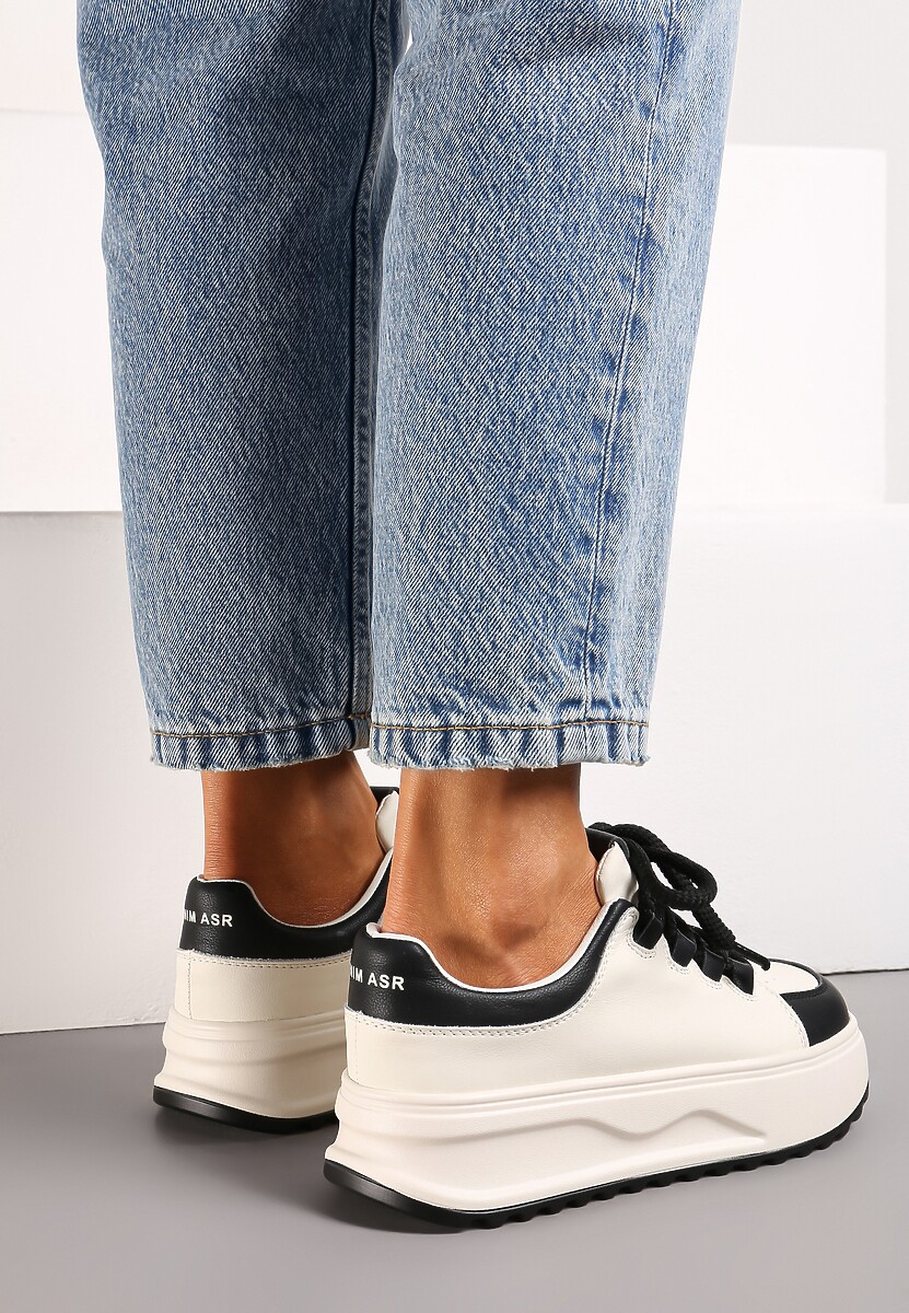 Biało-Czarne Sneakersy ze Skóry Naturalnej z Platformą i Szerokimi Sznurówkami Talthea