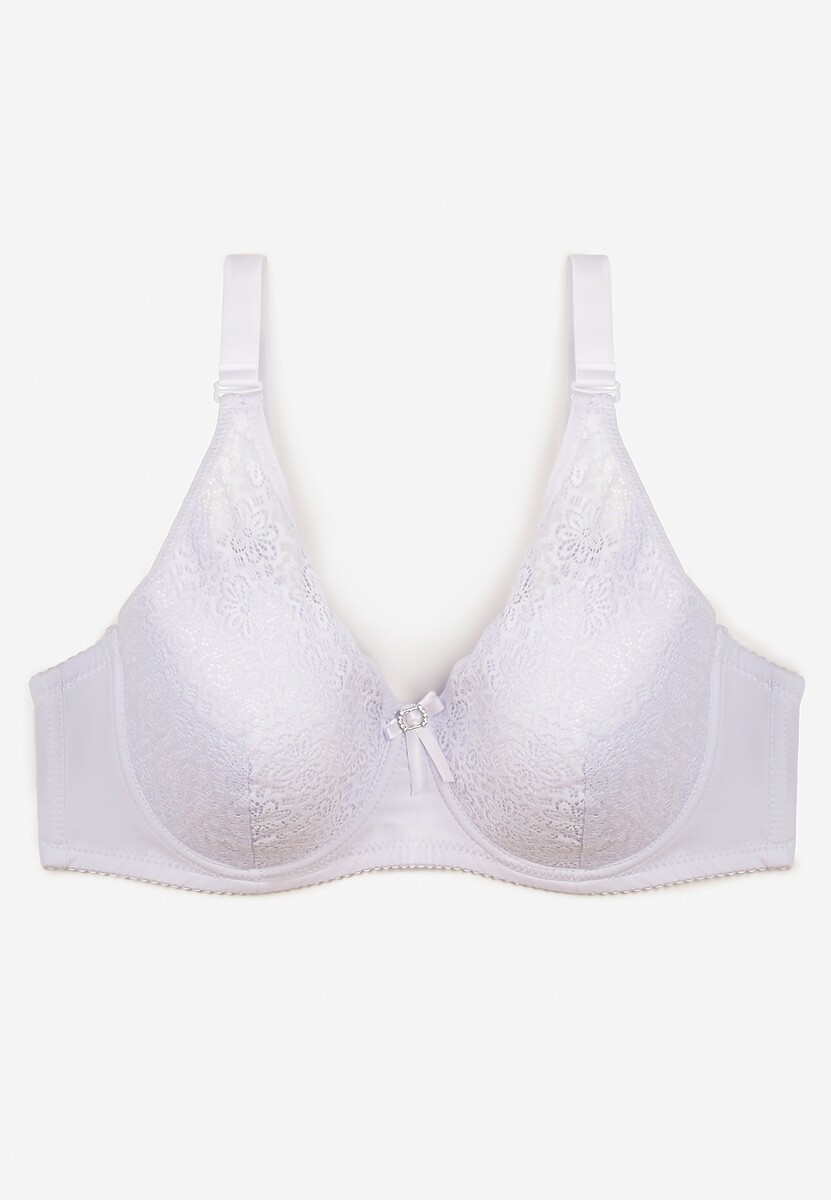 Biały Koronkowy Biustonosz Full Cup z Ozdobnymi Cyrkoniami na Kokardce Nikoriana