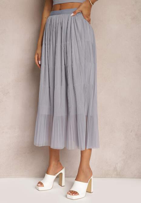 Szara Rozkloszowana Spódnica z Tiulu Wykończona Gumką w Pasie Risshara