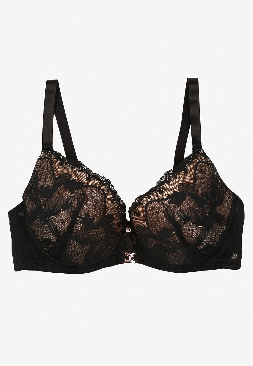 Czarno-Beżowy Koronkowy Biustonosz z Metaliczną Aplikacją Dorzedi