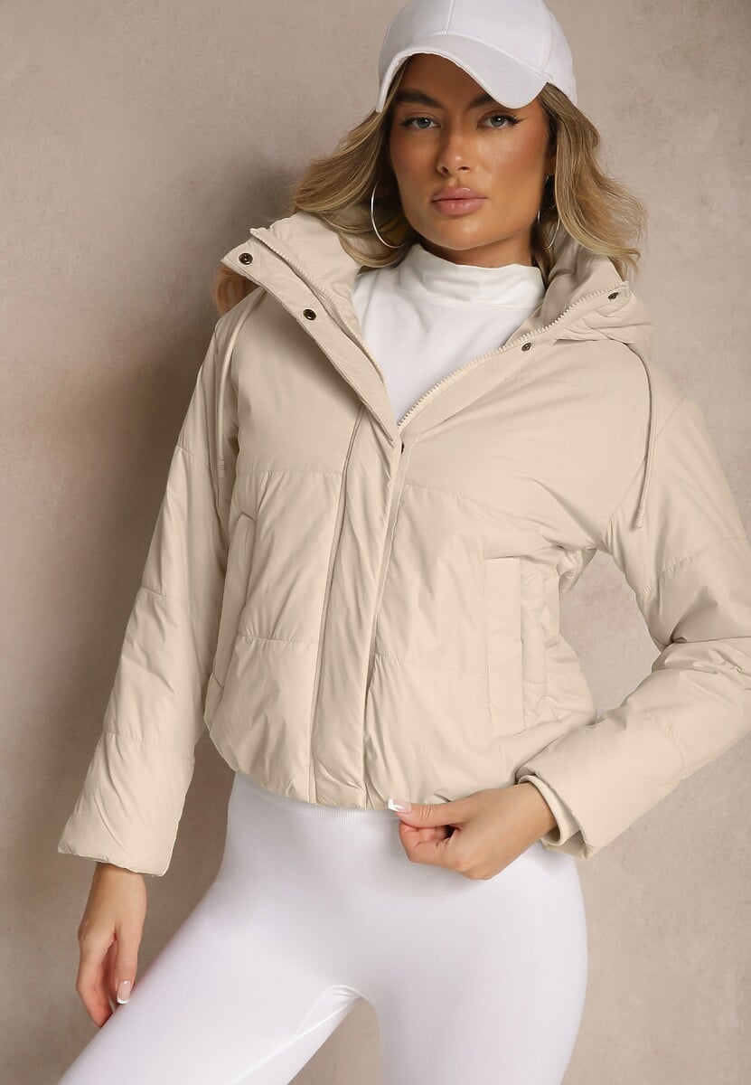 Ciemnobeżowa Kurtka z Szerokim Pikowaniem i Nieodpinanym Kapturem Ninilira