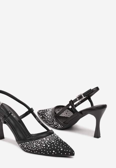 Czarne Czółenka na Obcasie z Odkrytą Piętą Zdobione Cyrkoniami Jenamia