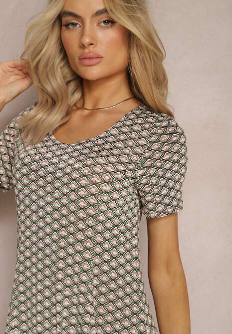 Zielono-Beżowa Wiskozowa Sukienka o Rozkloszowanym Fasonie Ibelia