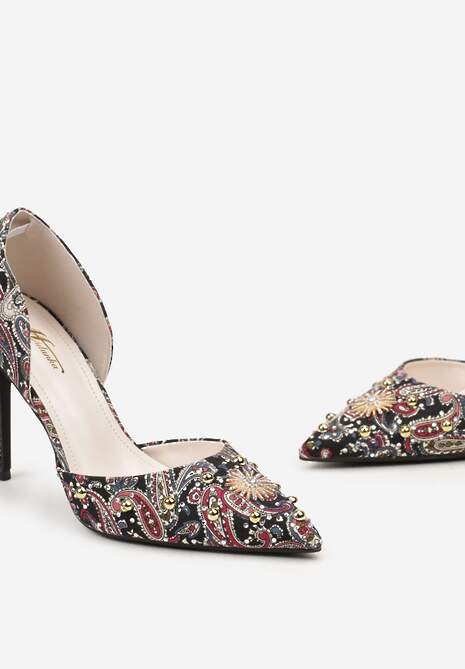 Czarne Szpilki z Noskiem w Szpic z Oryginalnym Wzorem z Cyrkoniami i Nitami Alfiratte