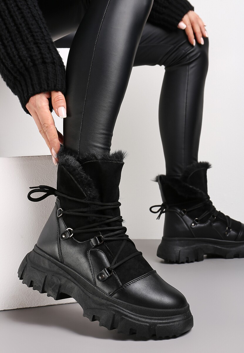 Czarne Śniegowce z Futerkiem na Platformie Bavim