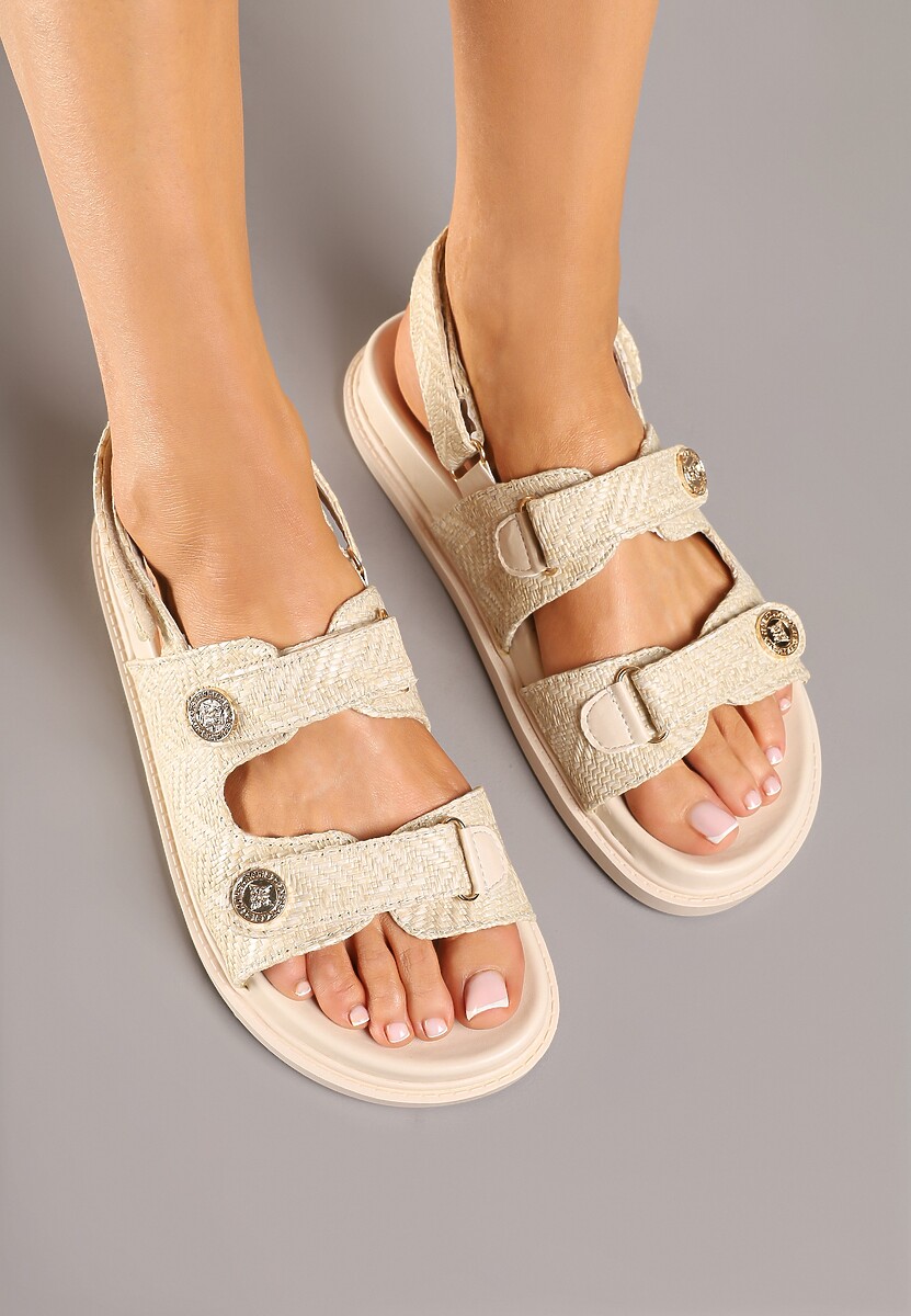 Beżowe Sandały z Rzepami i Biżuteryjnymi Guzikami Kolariella