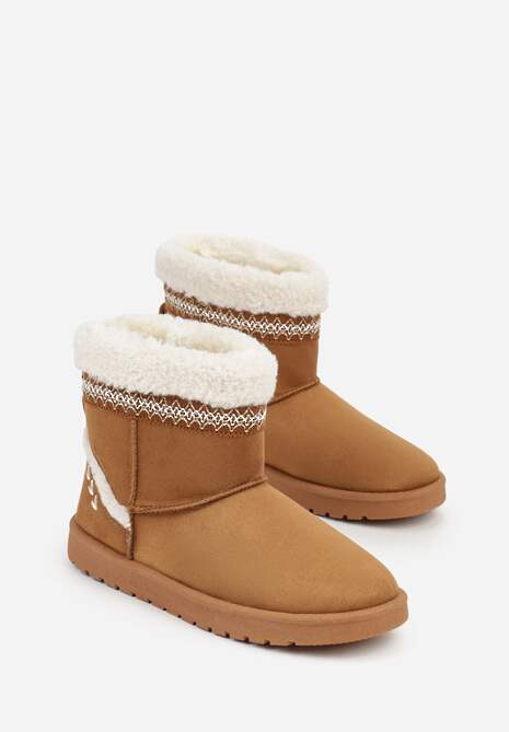 Brązowe Śniegowce o Wsuwanym Fasonie z Haftem i Futrem przy Cholewce Mevinadia