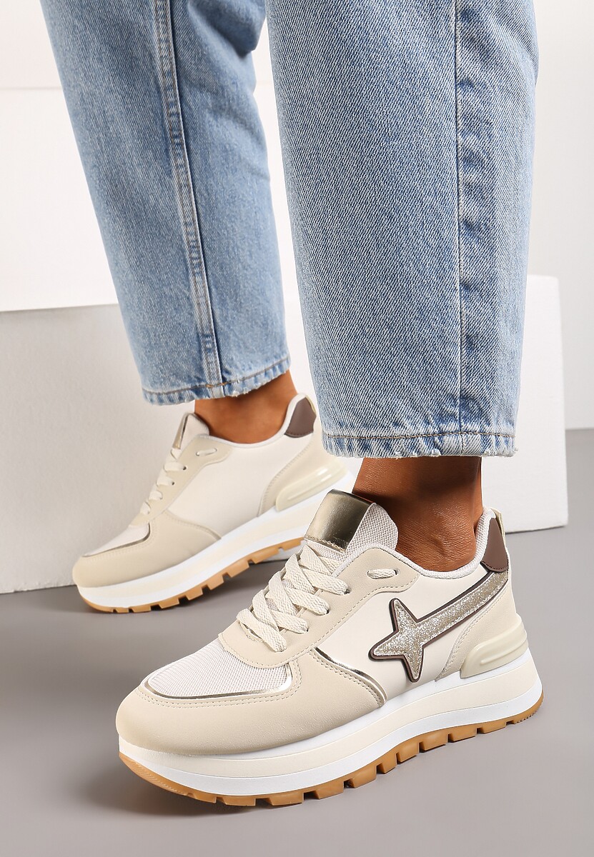 Beżowe Sneakersy na Niskiej Platformie z Ozdobnymi Wstawkami na Cholewce Suno