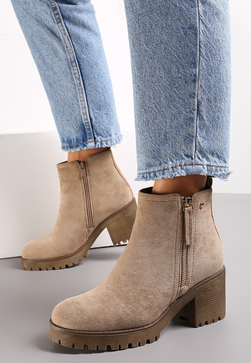 Ciemnobeżowe Botki na Słupku i Niskiej Platformie Nisunu