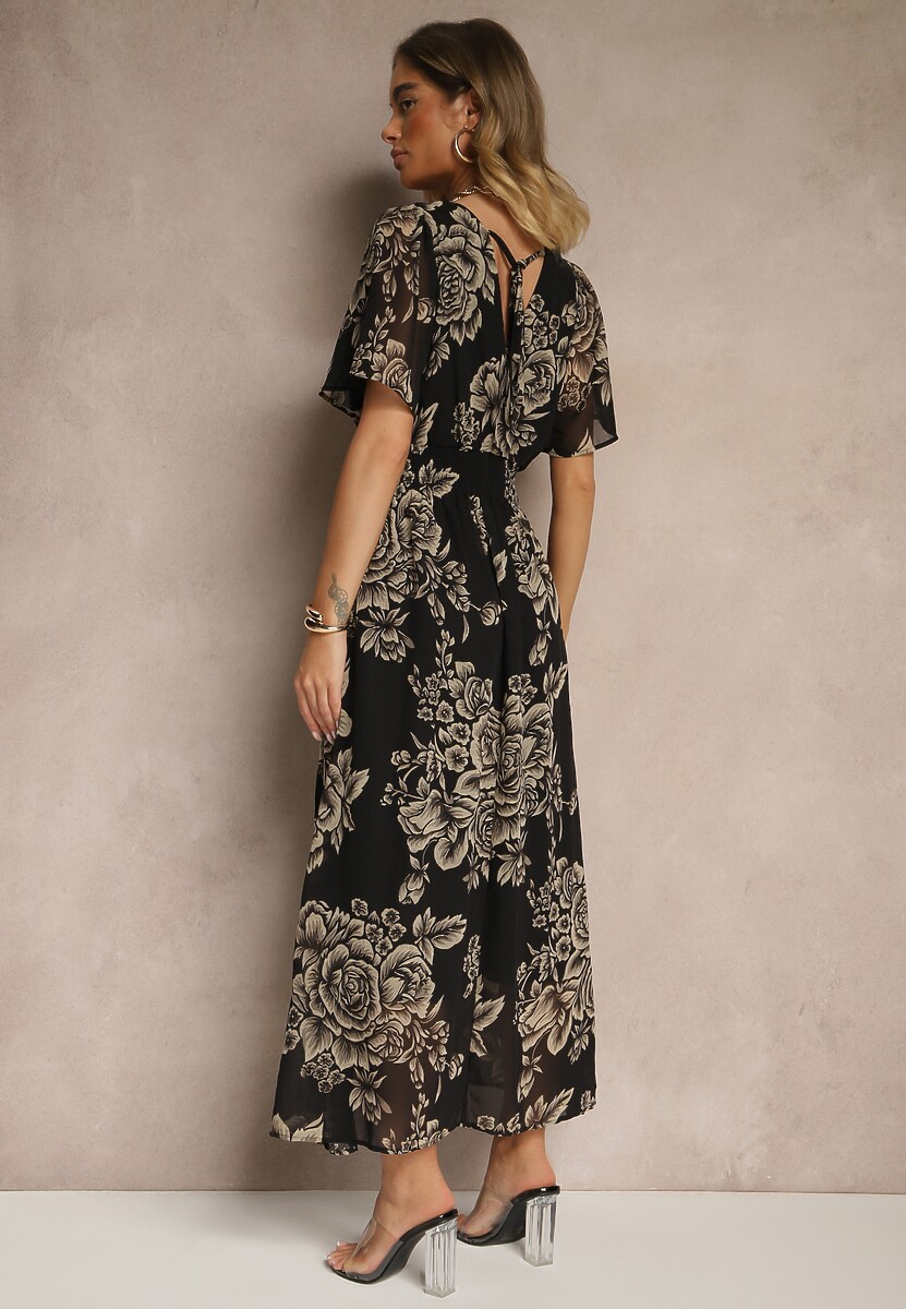 Czarna Rozkloszowana Sukienka z Wiązaniem w Kwiatowy Wzór Jeloiti
