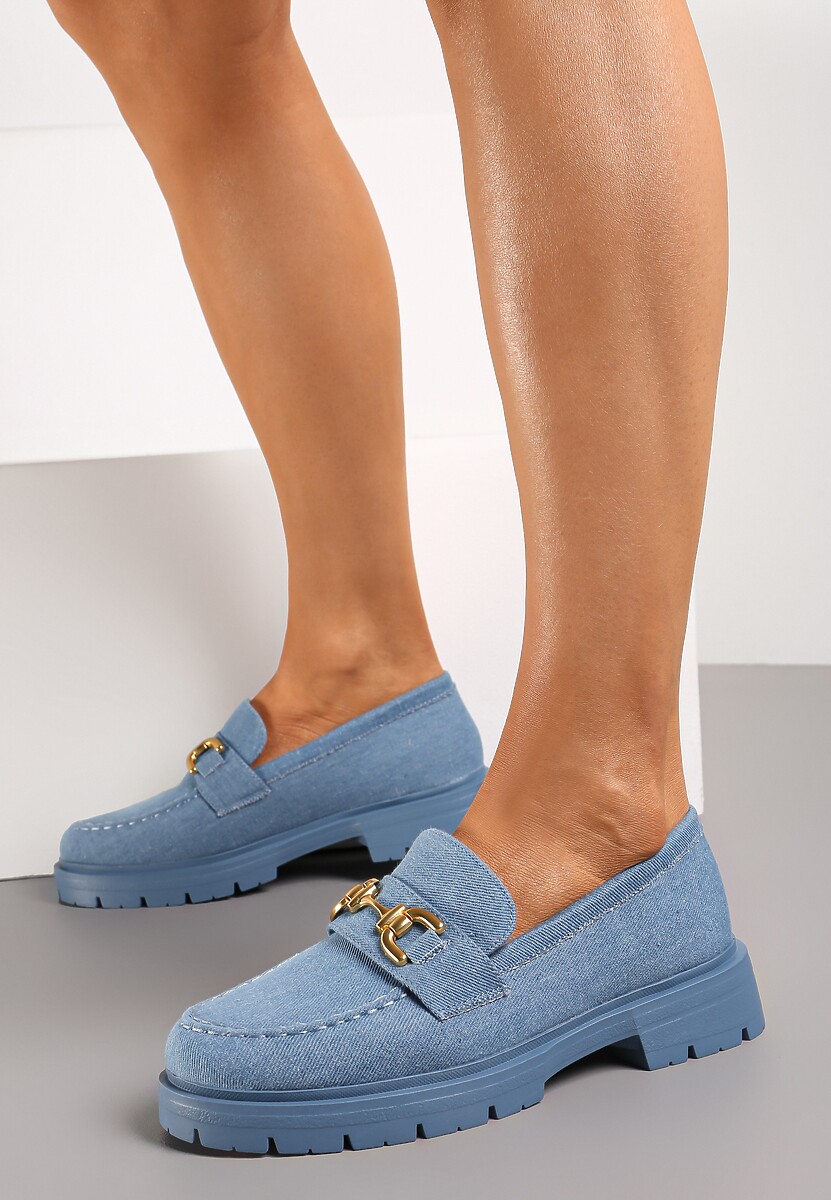 Niebieskie Mokasyny na Grubej Podeszwie z Metaliczną Klamrą Faelwena