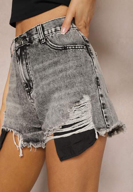 Szare Bawełniane Postrzępione Szorty High Waist z Podszewką Hanesita