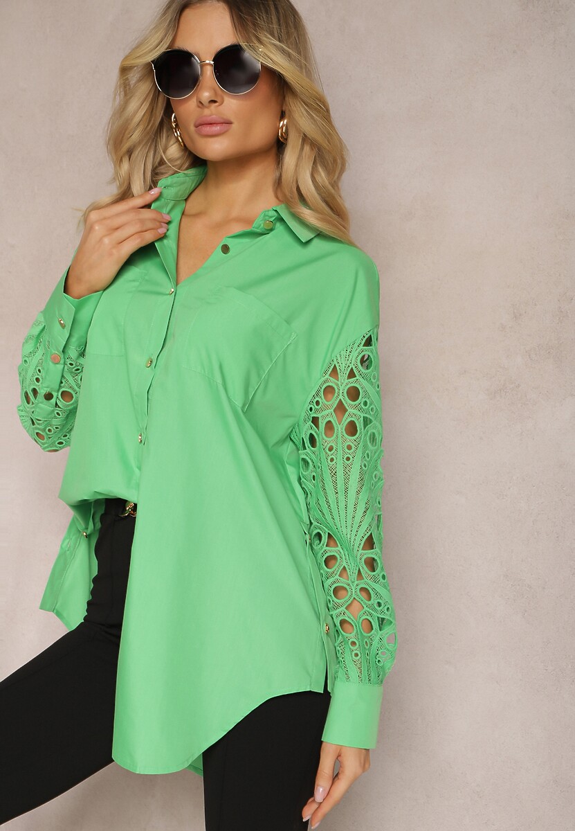 Zielona Koszula o Luźnym Fasonie z Ażurowymi Wstawkami na Rękawach Nasira