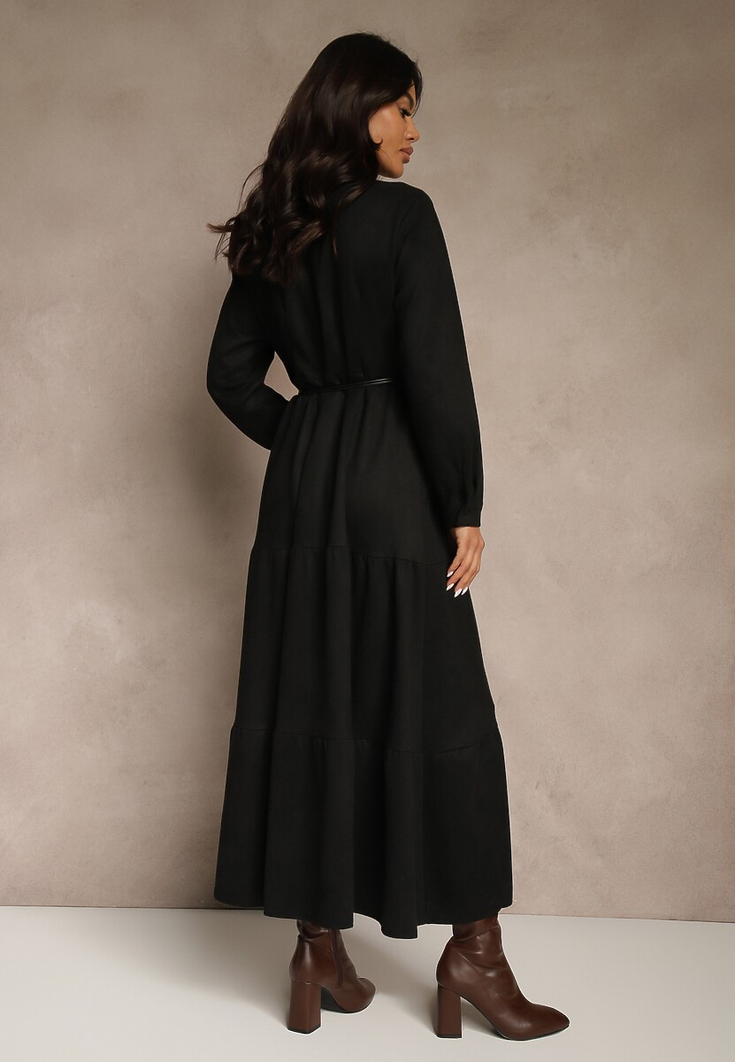 Czarna Sukienka Koszulowa z Wiskozy Ozdobiona Paskiem Retelsa