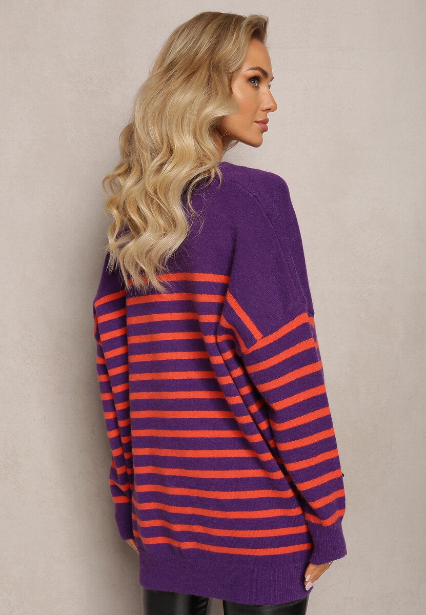 Fioletowy Kardigan w Paski o Wydłużonym Fasonie z Dekoltem V Zapinany na Guziki Ravime