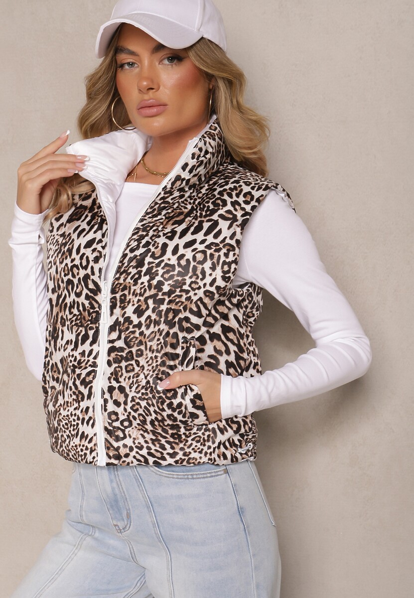 Ciemnobeżowa Kamizelka Dwustronna z Pikowanymi Przeszyciami i Ściągaczami Miterta