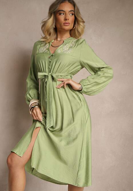 Zielona Rozkloszowana Sukienka z Wiskozą Zdobiona Haftem i Wiązanym Paskiem Elvania