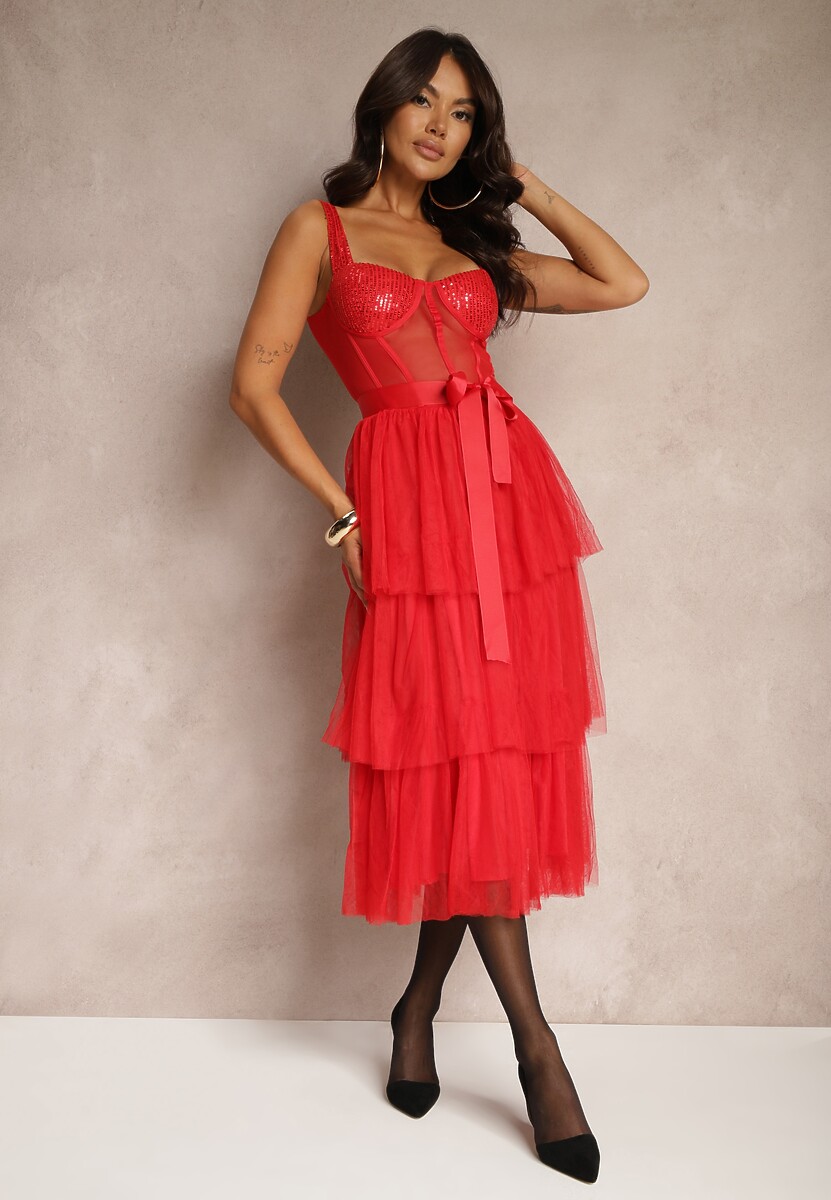 Czerwona Koktajlowa Sukienka na Ramiączkach Ozdobiona Cekinami Falbanami i Kokardą Inalisa