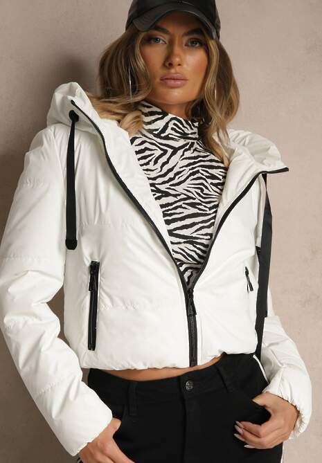 Biała Klasyczna Kurtka z Pikowanymi Przeszyciami i Kapturem Tuliena