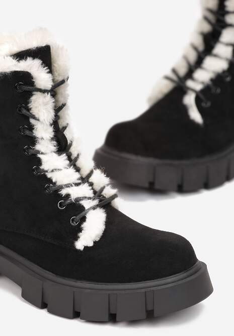 Czarne Traperki Workery z Futerkiem na Grubej Podeszwie Dathi