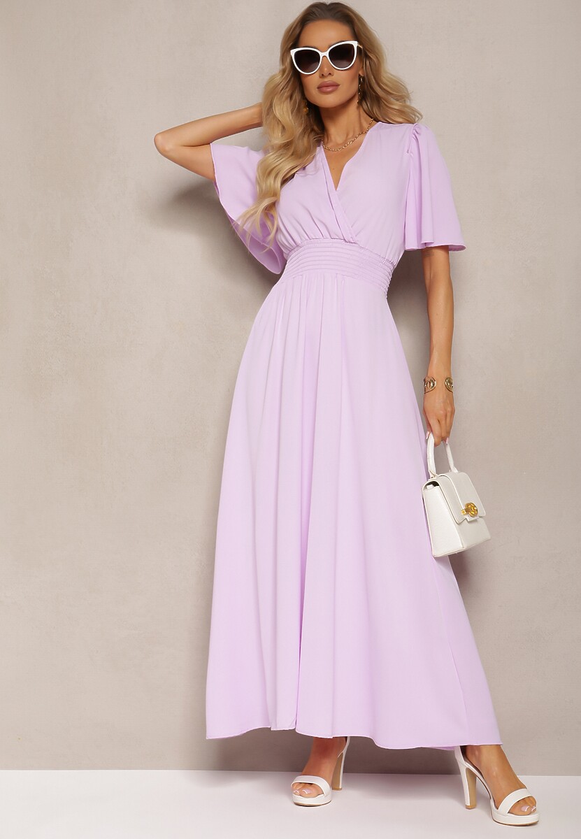 Jasnofioletowa Sukienka z Luźnymi Rękawami Wiązaniem z Wycięciem na Plecach i Gumką w Talii Valenta
