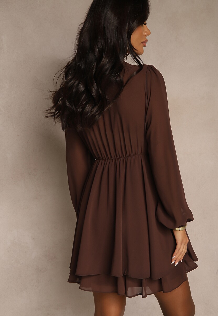 Brązowa Siateczkowa Sukienka o Rozkloszowanym Kroju z Dekoltem w Serek Zennela