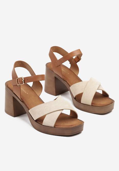 Beżowe Sandały na Słupku Ozdobione Dwoma Paskami Jasirea