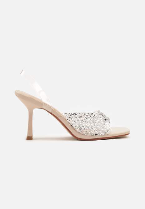 Beżowe Sandały na Szpilce z Transparentną Cholewką Zdobioną Cyrkoniami Atelisea
