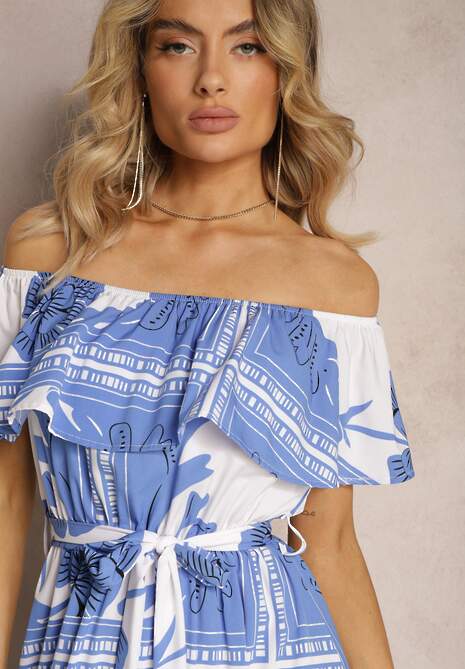 Niebiesko-Biała Hiszpanka Sukienka z Gumką w Talii i Materiałowym Paskiem z Falbankami Xoneri