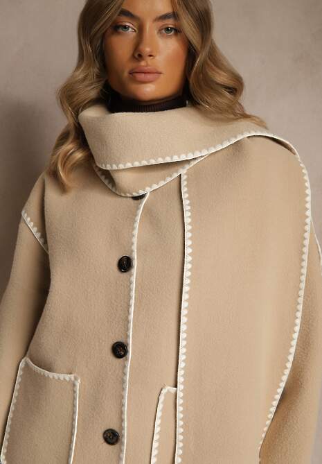 Beżowa Kurtka Oversize z Szalikiem i Ozdobnymi Przeszyciami Claritila