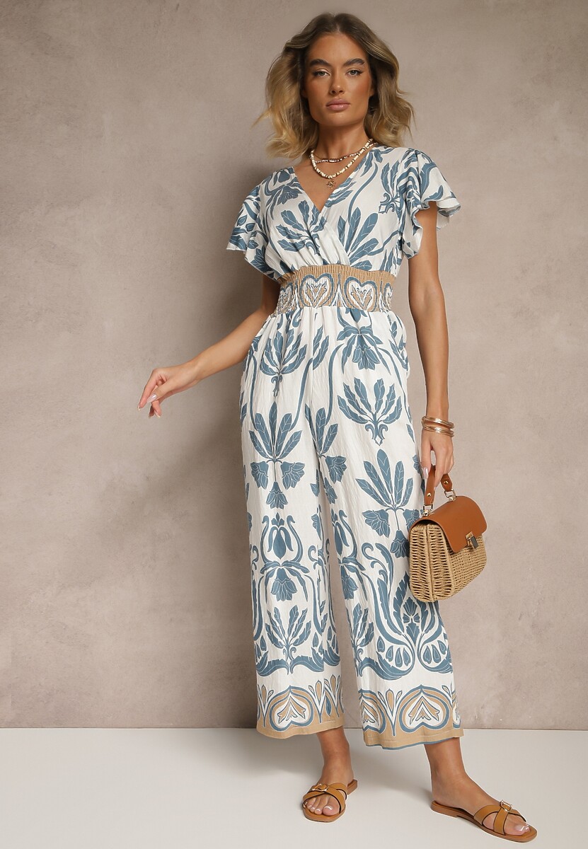 Niebieski Kombinezon z Wiskozy z Zaznaczoną Talią w Boho Wzór i Dekoltem V Virazia