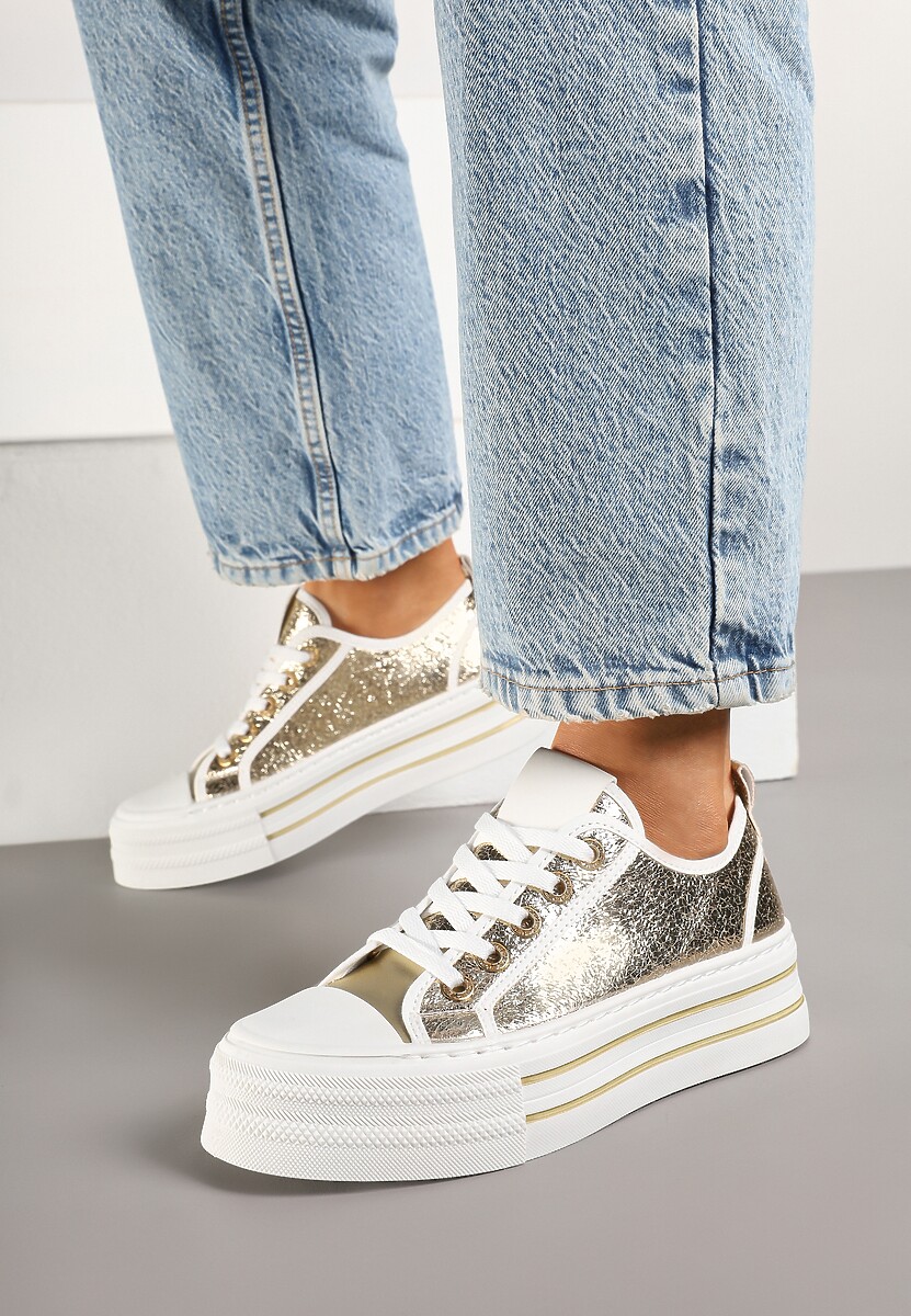 Złote Trampki na Niskiej Platformie Ozdobione Cyrkoniami Felelith