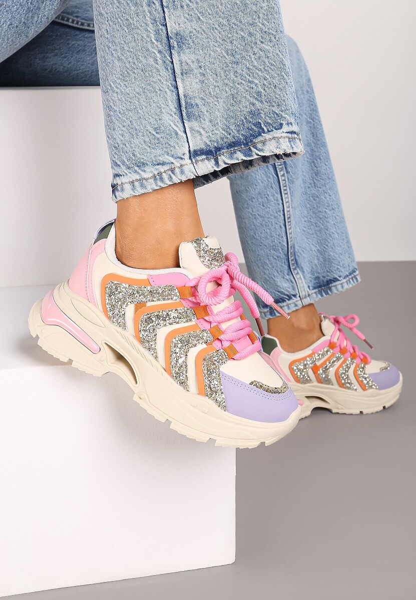 Beżowo-Fioletowe Sznurowane Sneakersy na Platformie Ozdobione Brokatem Ewla