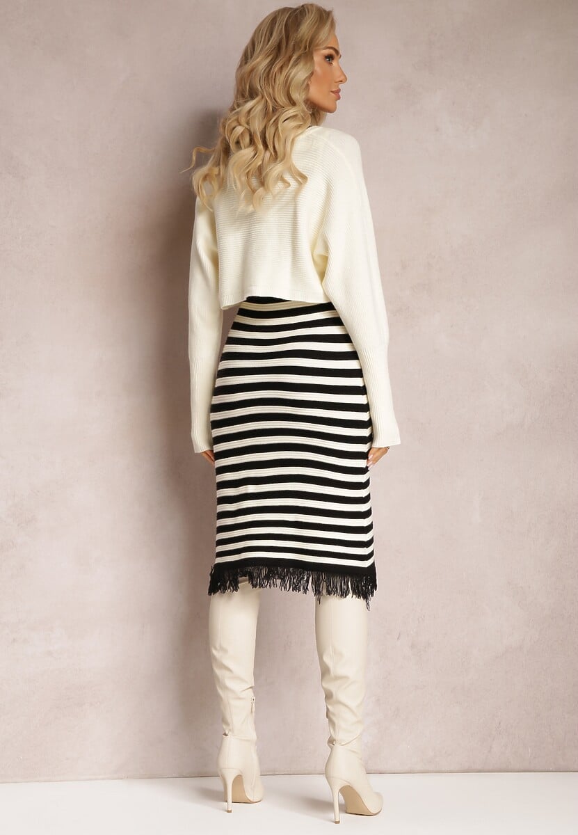 Jasnobeżowy Komplet 2-Częściowy Sukienka w Paski i Kardigan Krótki na Guziki Orivela