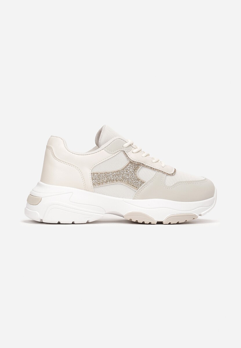 Beżowe Sneakersy na Grubej Podeszwie z Brokatowymi Wstawkami Adilah