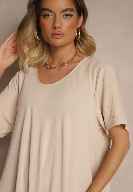 Beżowa Sukienka z Bawełną o Rozkloszowanym Kroju Lilzedi