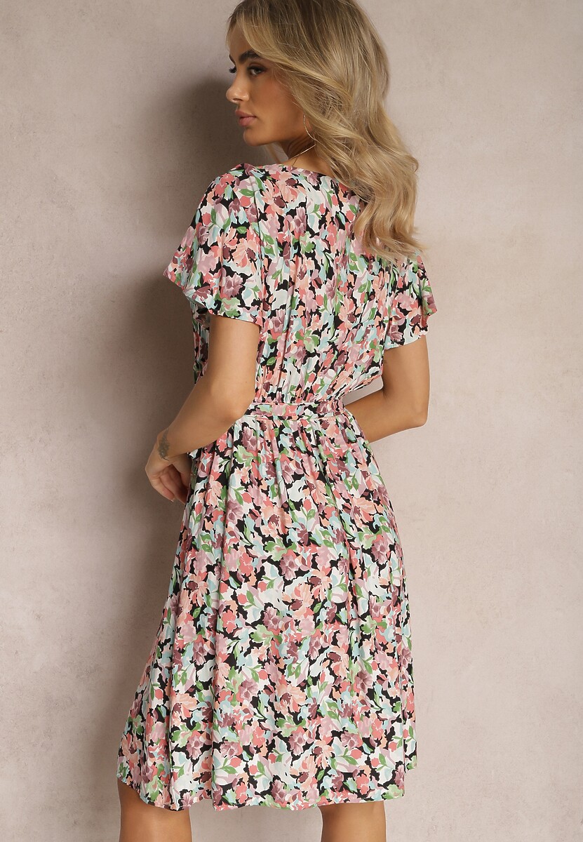 Różowo-Zielona  Wiskozowa Sukienka w Kwiaty z Kopertowym Dekoltem Tienn