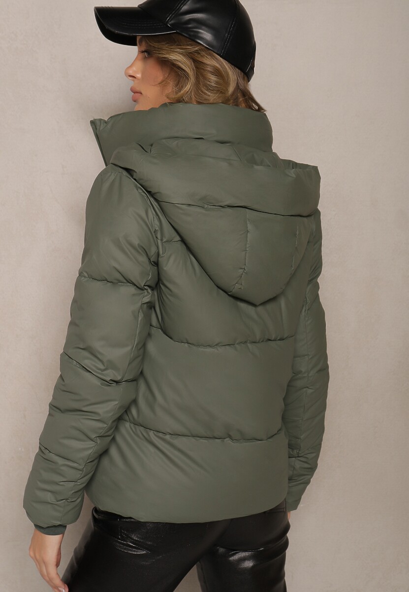 Ciemnozielona Klasyczna Kurtka z Pikowanymi Przeszyciami Kapturem i Kieszeniami Anrinna