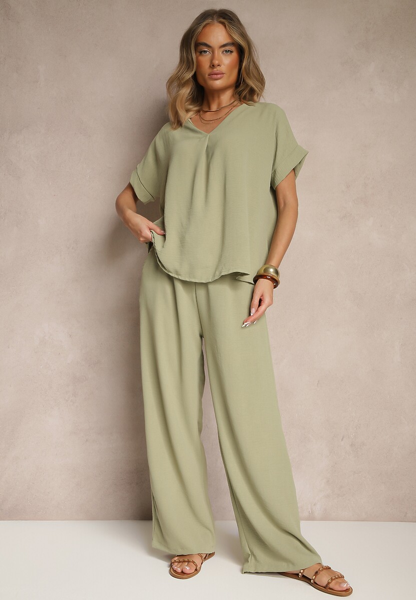 Zielony Komplet Bluzka i Luźne Spodnie z Wiskozą i Kieszonkami Efraria